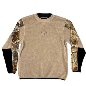 Legendary Whitetails Mens Fleece Pullover Camo Sleeve Tan Crew Neck LFP Large